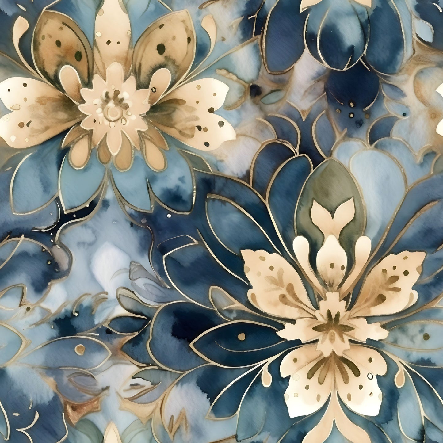 blue, gold, beige, cream, navy, floral pattern, large flowers, botanical design, watercolor style, flowing petals, organic shapes, quilting cotton, fabric panel, soft texture, elegant blooms, decorative florals, artistic rendering, nature motifs, crafting material, sewing fabric