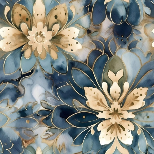 blue, gold, beige, cream, navy, floral pattern, large flowers, botanical design, watercolor style, flowing petals, organic shapes, quilting cotton, fabric panel, soft texture, elegant blooms, decorative florals, artistic rendering, nature motifs, crafting material, sewing fabric