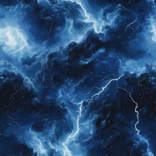 navy blue, deep blue, azure, cobalt, storm clouds, lightning bolts, thunderstorm, electrical discharge, dramatic sky, swirling clouds, weather pattern, stormy atmosphere, cosmic, celestial, quilting cotton, fabric panel, moody, atmospheric, turbulent, nature scene