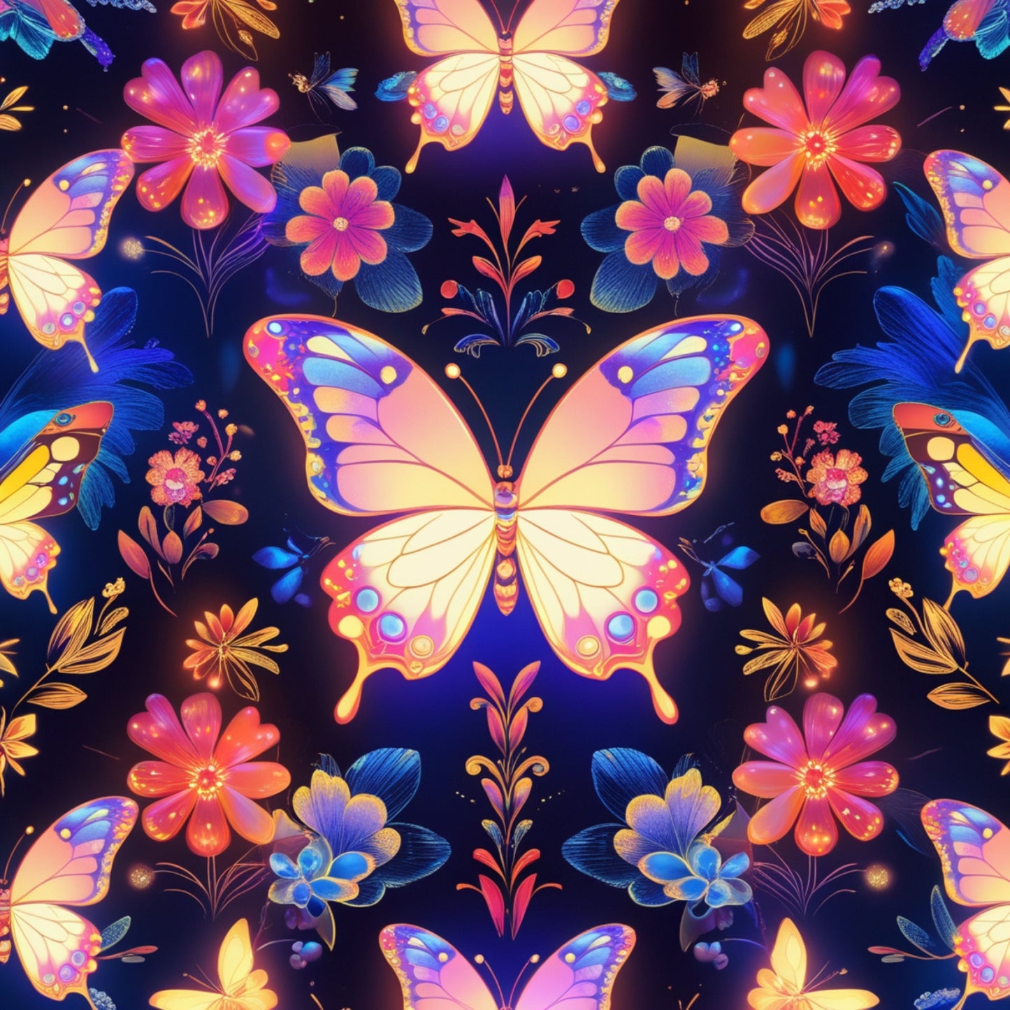 fantasy butterflies, quilting cotton, fabric panel, vibrant colors, purple background, pink flowers, blue butterflies, orange accents, yellow wings, floral motifs, symmetrical pattern, whimsical design, nature theme, botanical elements, decorative wings, colorful petals, magical mood, bright hues, repeating design, craft fabric