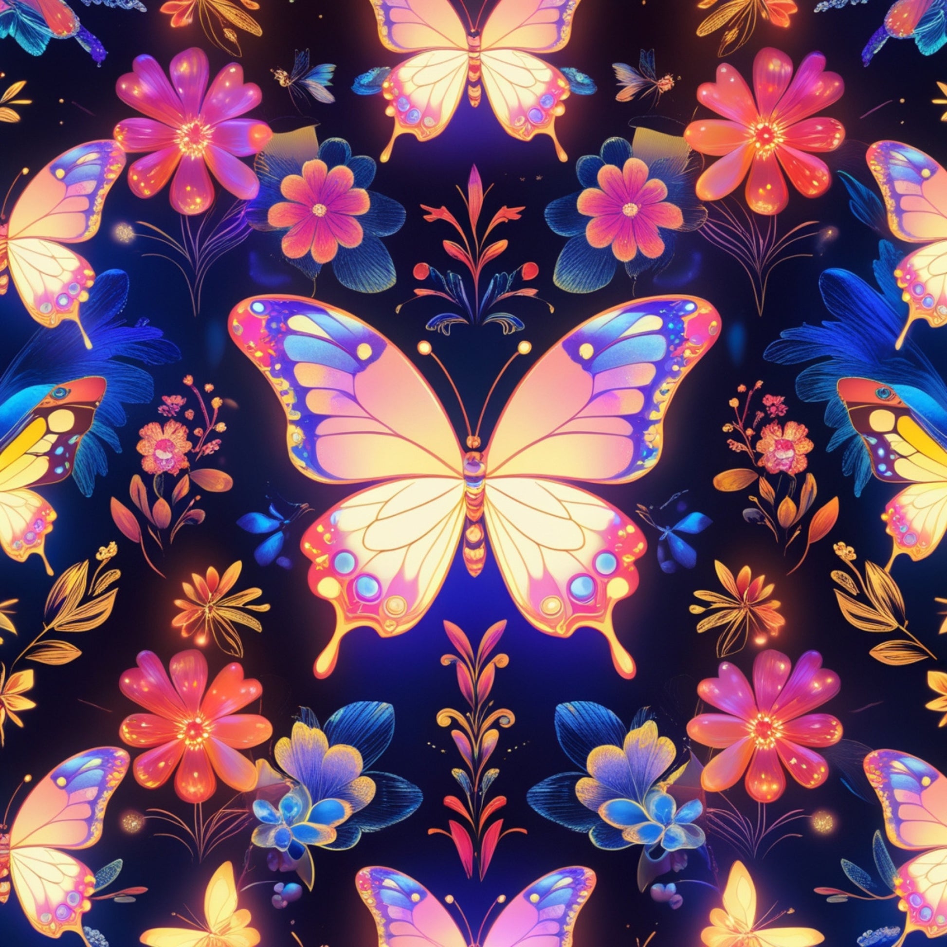 fantasy butterflies, quilting cotton, fabric panel, vibrant colors, purple background, pink flowers, blue butterflies, orange accents, yellow wings, floral motifs, symmetrical pattern, whimsical design, nature theme, botanical elements, decorative wings, colorful petals, magical mood, bright hues, repeating design, craft fabric
