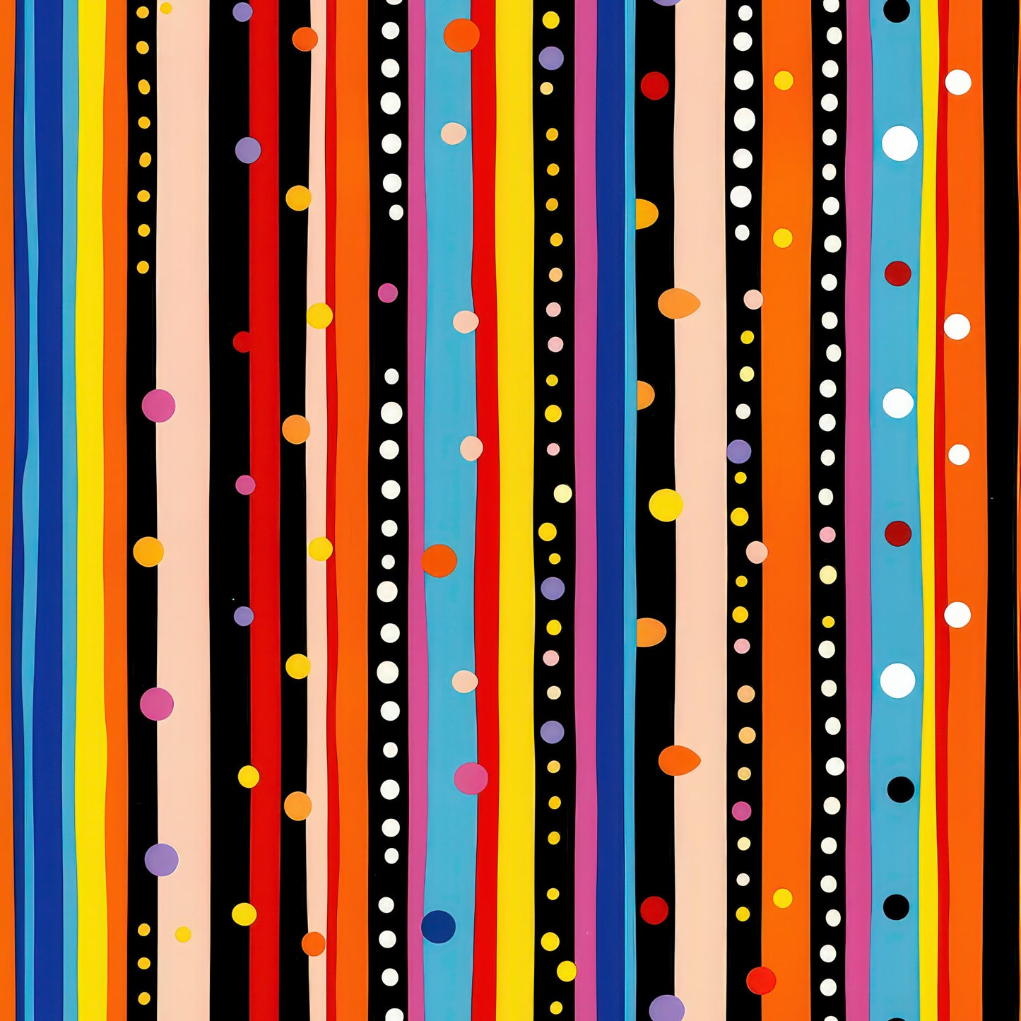 colorful stripes, polka dots, vertical stripes, geometric pattern, bright colors, orange, yellow, red, blue, pink, purple, black, white, rainbow colors, modern design, contemporary style, quilting cotton, fabric panel, vibrant pattern, multicolored, playful design, cotton fabric
