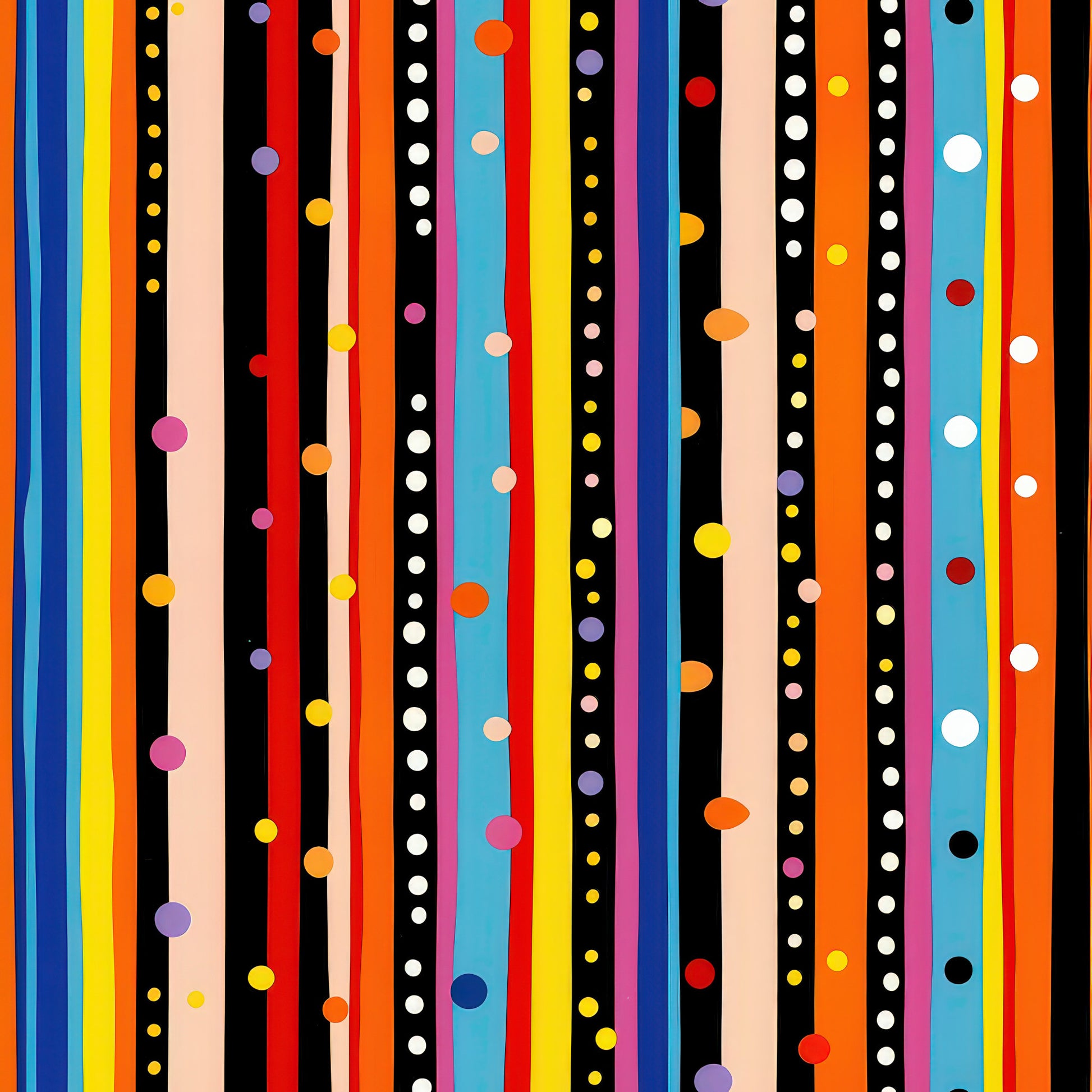colorful stripes, polka dots, vertical stripes, geometric pattern, bright colors, orange, yellow, red, blue, pink, purple, black, white, rainbow colors, modern design, contemporary style, quilting cotton, fabric panel, vibrant pattern, multicolored, playful design, cotton fabric