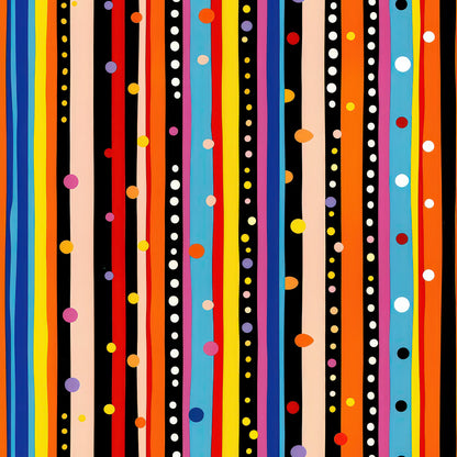 colorful stripes, polka dots, vertical stripes, geometric pattern, bright colors, orange, yellow, red, blue, pink, purple, black, white, rainbow colors, modern design, contemporary style, quilting cotton, fabric panel, vibrant pattern, multicolored, playful design, cotton fabric
