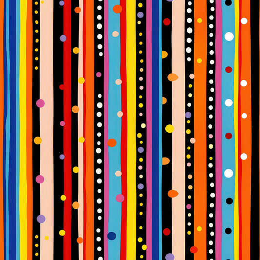colorful stripes, polka dots, vertical stripes, geometric pattern, bright colors, orange, yellow, red, blue, pink, purple, black, white, rainbow colors, modern design, contemporary style, quilting cotton, fabric panel, vibrant pattern, multicolored, playful design, cotton fabric