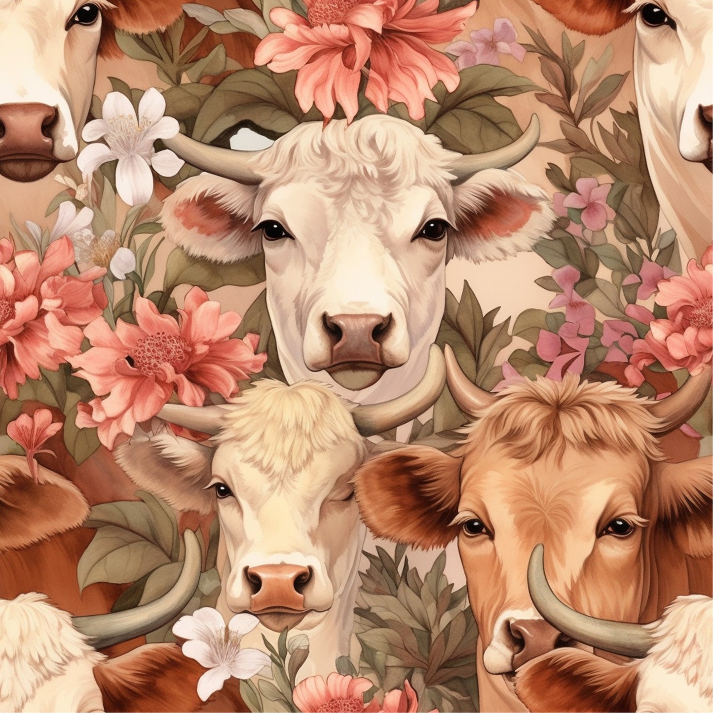 highland cows, floral pattern, pink flowers, coral blooms, cream colored, brown cows, white cows, botanical design, farm animals, quilting cotton, fabric panel, pastoral theme, soft pastels, realistic artwork, country style, cattle faces, gentle expression, nature motif, repeating pattern, spring flowers