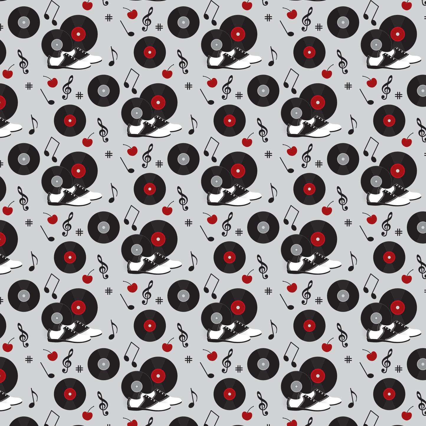 black, red, white, gray, vinyl records, turntables, sneakers, music notes, treble clef, apples, 1950s style, retro, diner aesthetic, repeating pattern, quilting cotton, fabric panel, musical instruments, rockabilly, vintage vibes, scattered motifs
