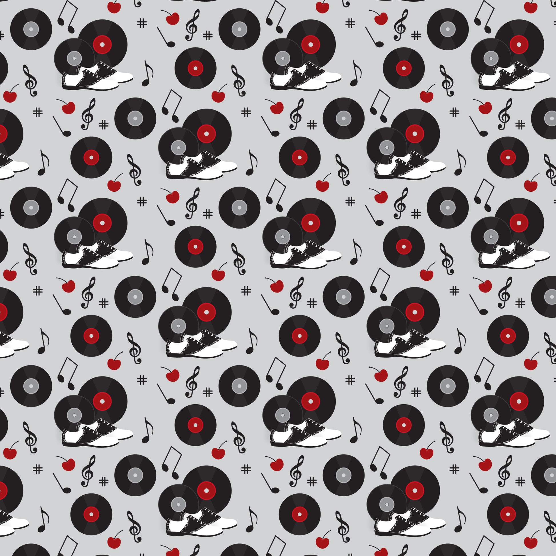 black, red, white, gray, vinyl records, turntables, sneakers, music notes, treble clef, apples, 1950s style, retro, diner aesthetic, repeating pattern, quilting cotton, fabric panel, musical instruments, rockabilly, vintage vibes, scattered motifs