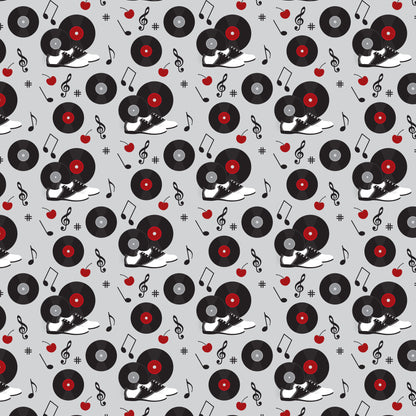 black, red, white, gray, vinyl records, turntables, sneakers, music notes, treble clef, apples, 1950s style, retro, diner aesthetic, repeating pattern, quilting cotton, fabric panel, musical instruments, rockabilly, vintage vibes, scattered motifs