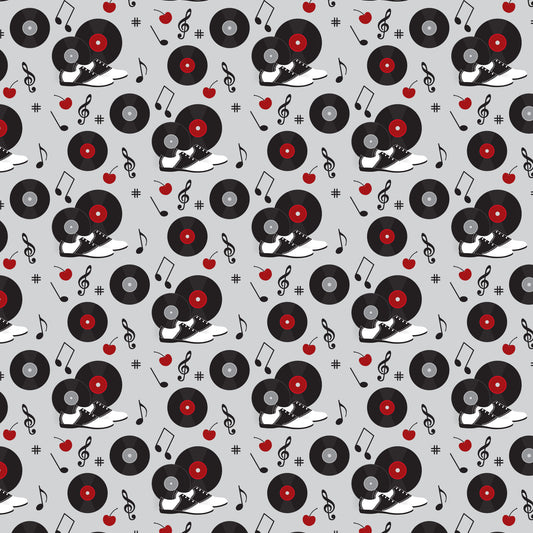 black, red, white, gray, vinyl records, turntables, sneakers, music notes, treble clef, apples, 1950s style, retro, diner aesthetic, repeating pattern, quilting cotton, fabric panel, musical instruments, rockabilly, vintage vibes, scattered motifs