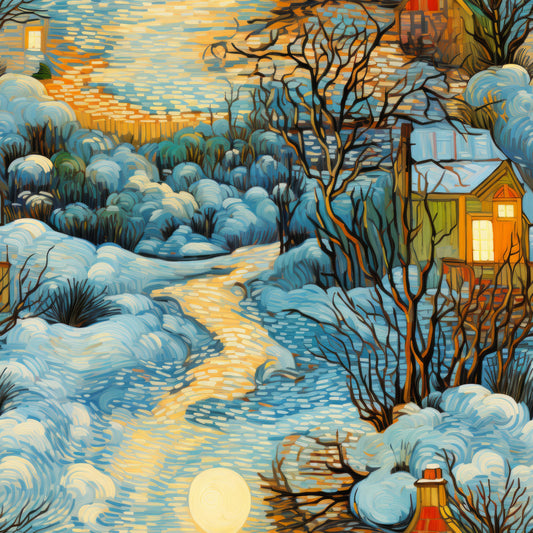 winter scene, dawn sky, snow covered landscape, cottage houses, bare trees, winding path, warm yellow light, orange sunset, blue snow shadows, cozy village, quilting cotton, fabric panel, scenic artwork, winter morning, glowing windows, snowy bushes, peaceful countryside, warm orange tones, cold blue hues, lantern post