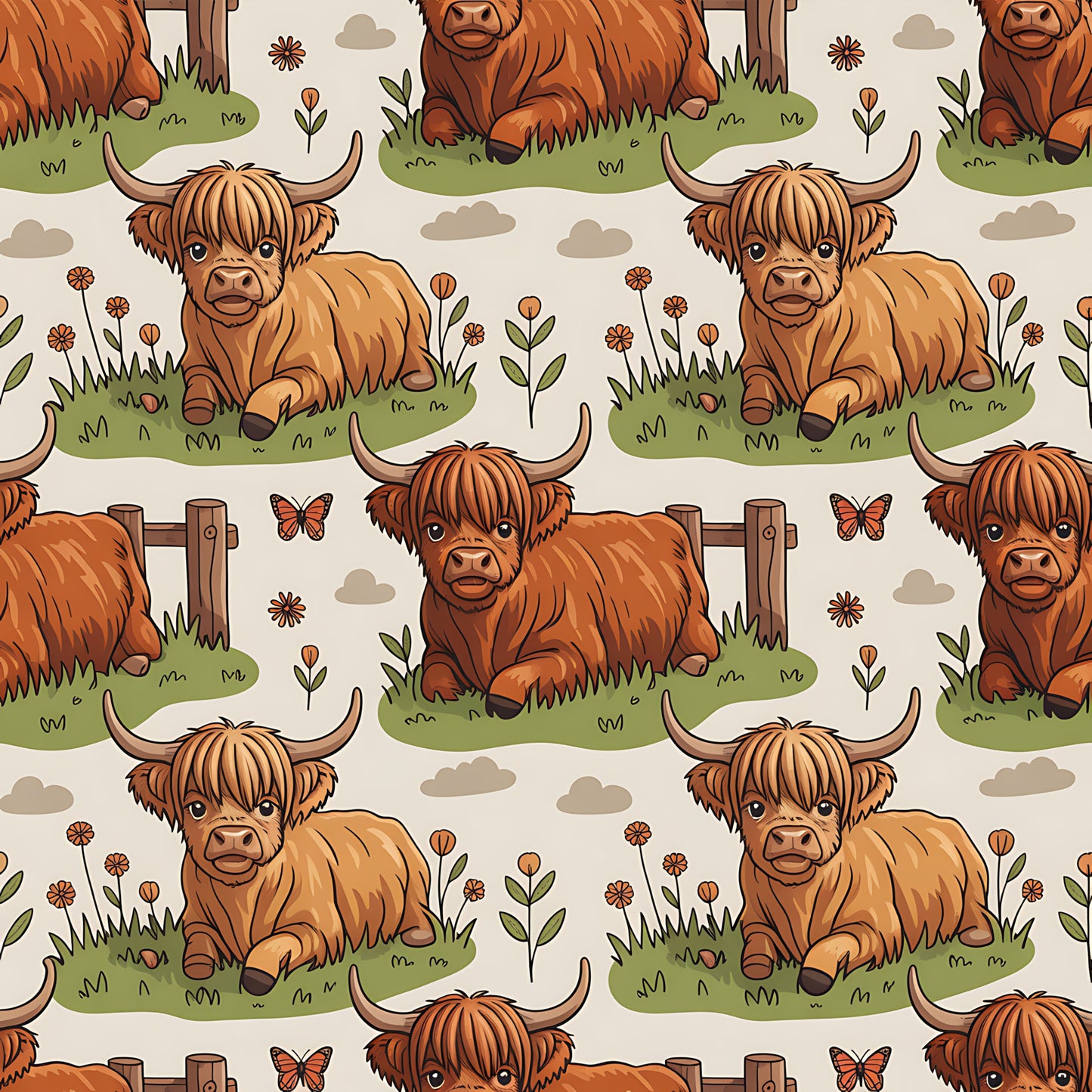 Cartoon Highland Cows Pattern 19 Quilting Cotton Fabric