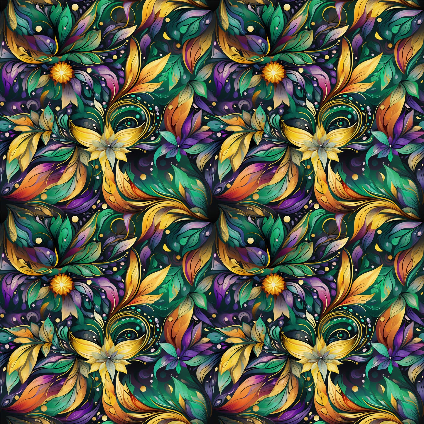purple, green, yellow, orange, floral pattern, decorative masks, swirling vines, ornate design, mardi gras theme, festive motifs, quilting cotton, fabric panel, botanical elements, carnival masks, jewel tones, repeating pattern, ornamental flourishes, party theme, celebration design