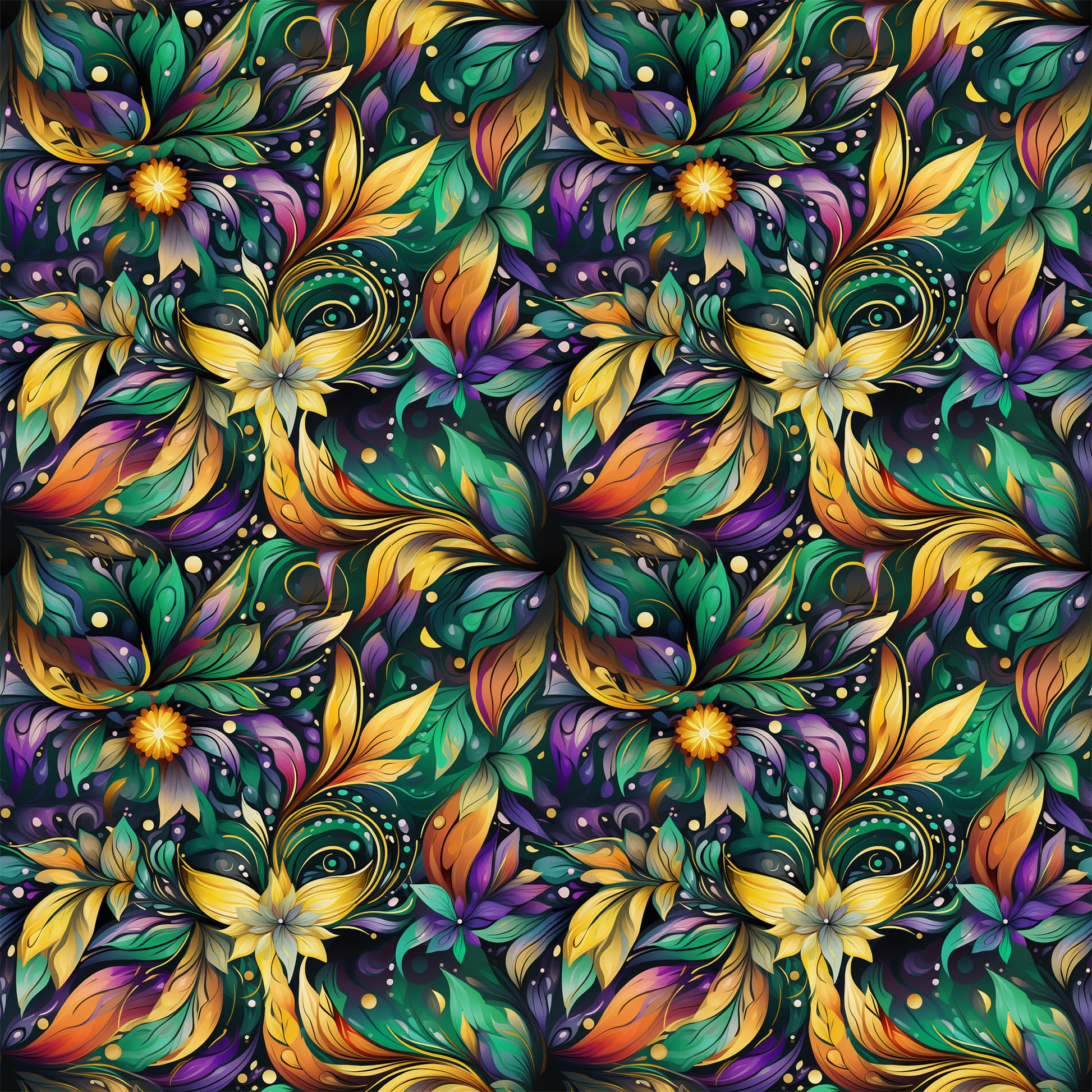 purple, green, yellow, orange, floral pattern, decorative masks, swirling vines, ornate design, mardi gras theme, festive motifs, quilting cotton, fabric panel, botanical elements, carnival masks, jewel tones, repeating pattern, ornamental flourishes, party theme, celebration design