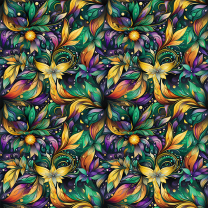 purple, green, yellow, orange, floral pattern, decorative masks, swirling vines, ornate design, mardi gras theme, festive motifs, quilting cotton, fabric panel, botanical elements, carnival masks, jewel tones, repeating pattern, ornamental flourishes, party theme, celebration design