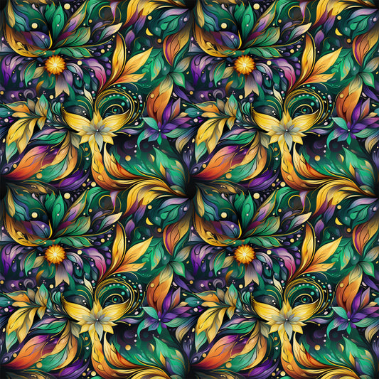 purple, green, yellow, orange, floral pattern, decorative masks, swirling vines, ornate design, mardi gras theme, festive motifs, quilting cotton, fabric panel, botanical elements, carnival masks, jewel tones, repeating pattern, ornamental flourishes, party theme, celebration design