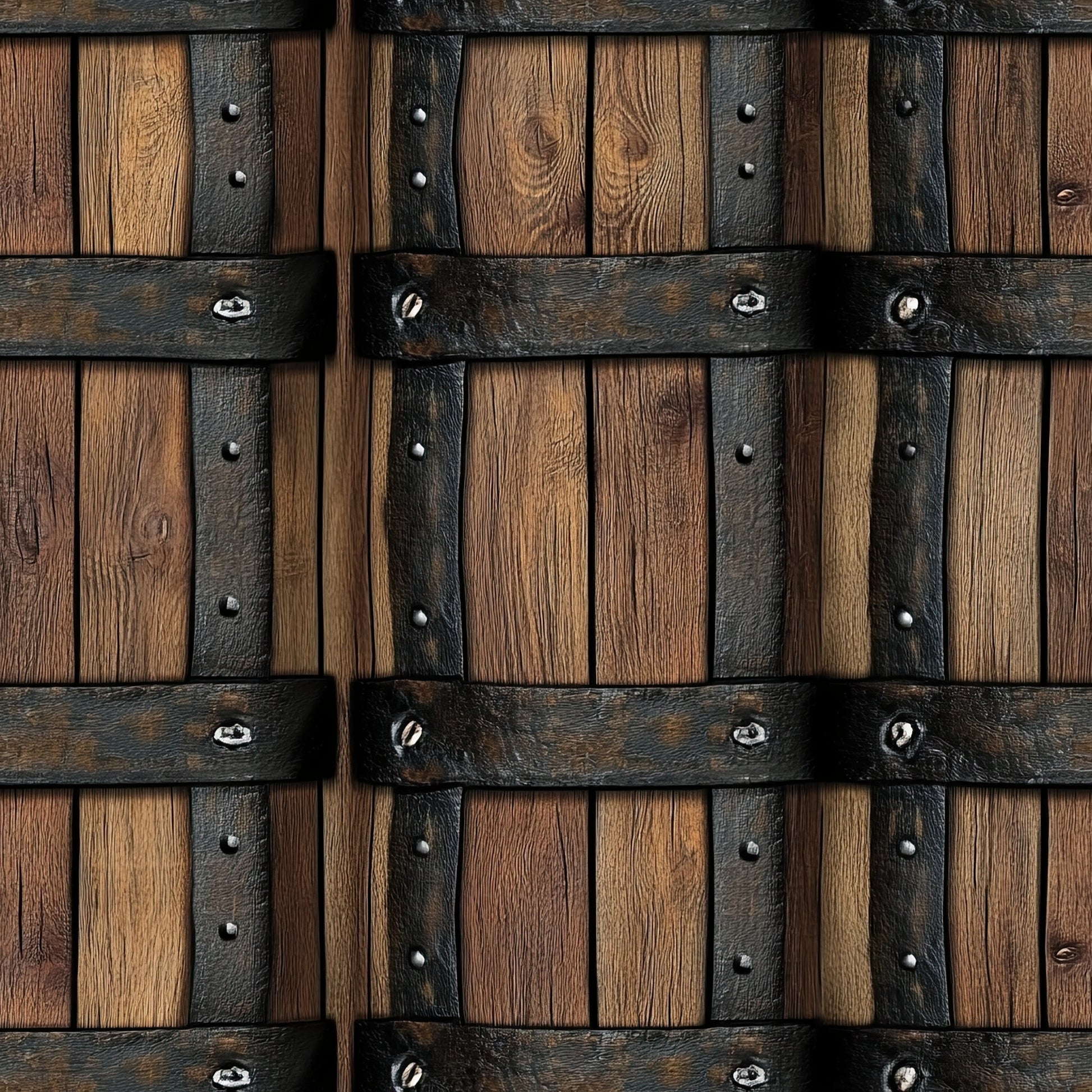 brown, tan, dark brown, wooden barrels, metal bands, rustic texture, western theme, wood grain, iron hardware, rivets, aged wood, barrel staves, quilting cotton, fabric panel, rustic style, frontier decor, cowboy theme, weathered finish, country motif