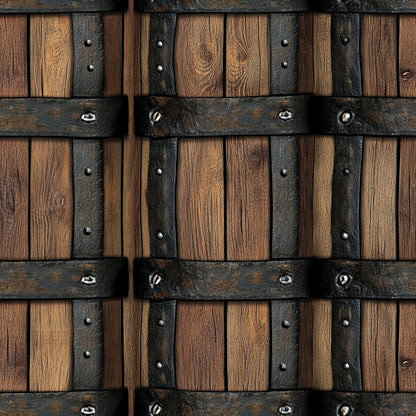 brown, tan, dark brown, wooden barrels, metal bands, rustic texture, western theme, wood grain, iron hardware, rivets, aged wood, barrel staves, quilting cotton, fabric panel, rustic style, frontier decor, cowboy theme, weathered finish, country motif