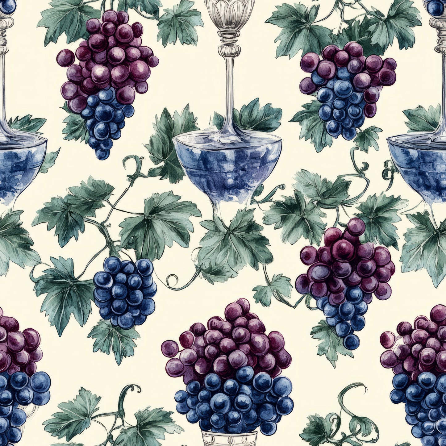 grapes, vineyard, wine glasses, purple grapes, blue grapes, green leaves, grapevines, botanical, fruit pattern, cream background, quilting cotton, fabric panel, wine theme, clusters, tendrils, burgundy, navy blue, sage green, watercolor style, repeating pattern