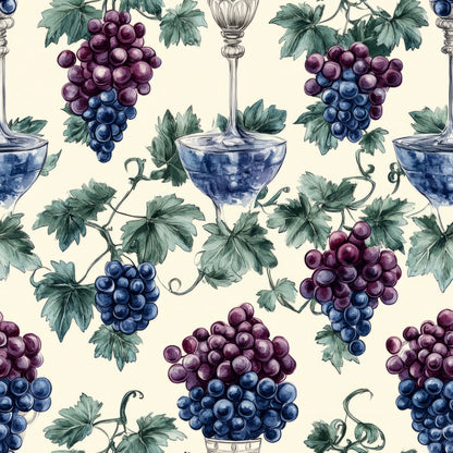 grapes, vineyard, wine glasses, purple grapes, blue grapes, green leaves, grapevines, botanical, fruit pattern, cream background, quilting cotton, fabric panel, wine theme, clusters, tendrils, burgundy, navy blue, sage green, watercolor style, repeating pattern