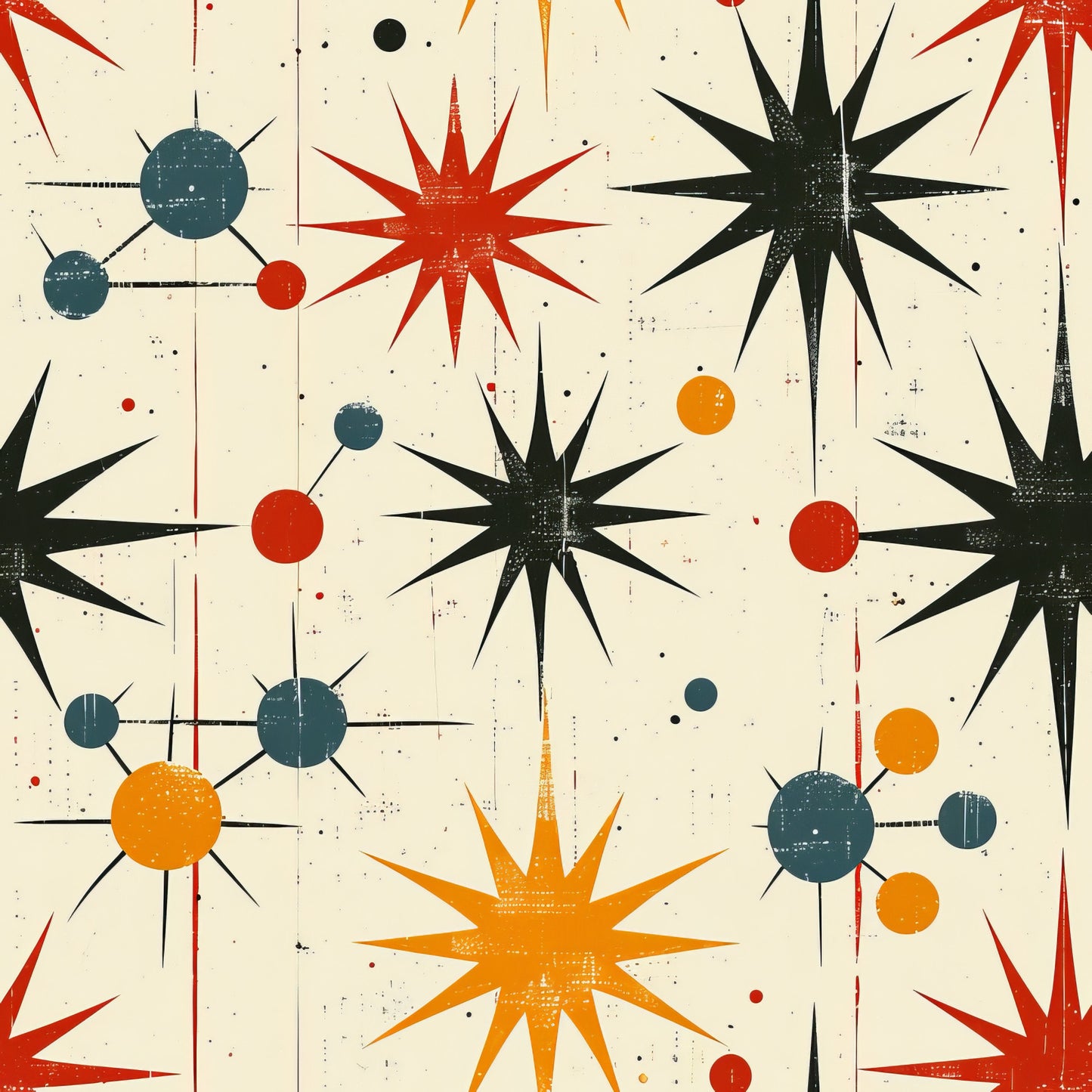 retro starburst, mid-century modern, atomic design, cream background, red starbursts, orange starbursts, black starbursts, teal circles, geometric shapes, vintage pattern, 1950s style, space age, atomic era, quilting cotton, fabric panel, modernist design, angular shapes, celestial motifs, retro atomic, starburst motifs