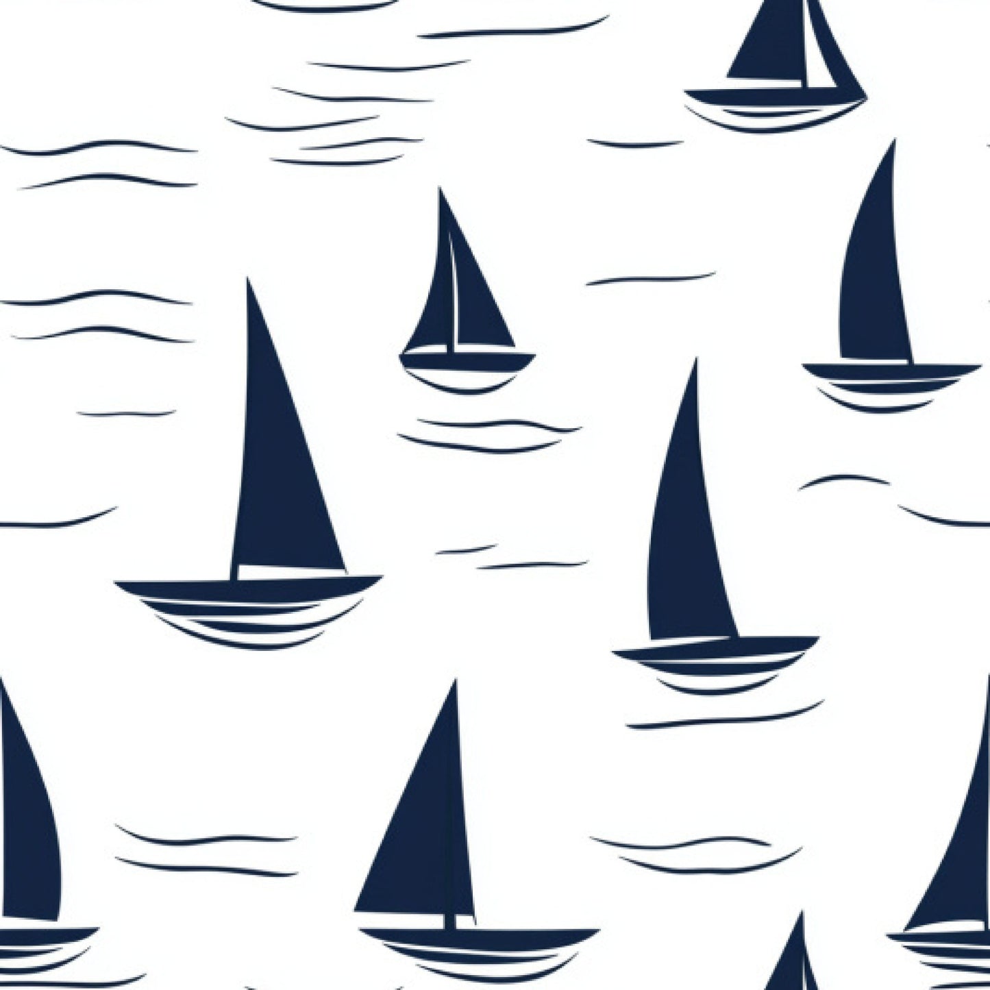 navy blue, white, sailboats, boats, water waves, nautical, maritime, ocean, sea, sailing, repeating pattern, cotton fabric, quilting panel, geometric, minimalist style, clean lines, marine theme, coastal, fabric panel, seamless pattern