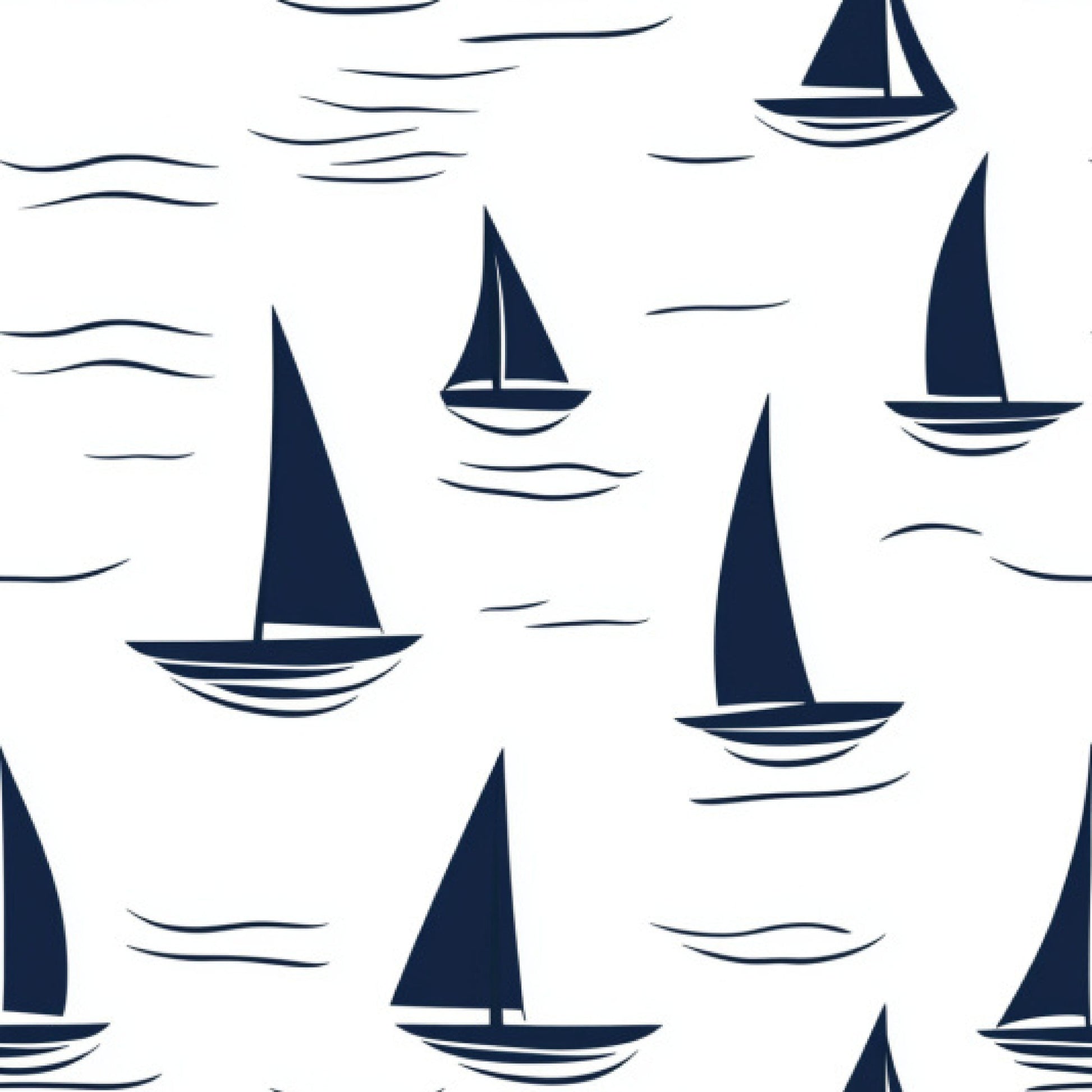 navy blue, white, sailboats, boats, water waves, nautical, maritime, ocean, sea, sailing, repeating pattern, cotton fabric, quilting panel, geometric, minimalist style, clean lines, marine theme, coastal, fabric panel, seamless pattern