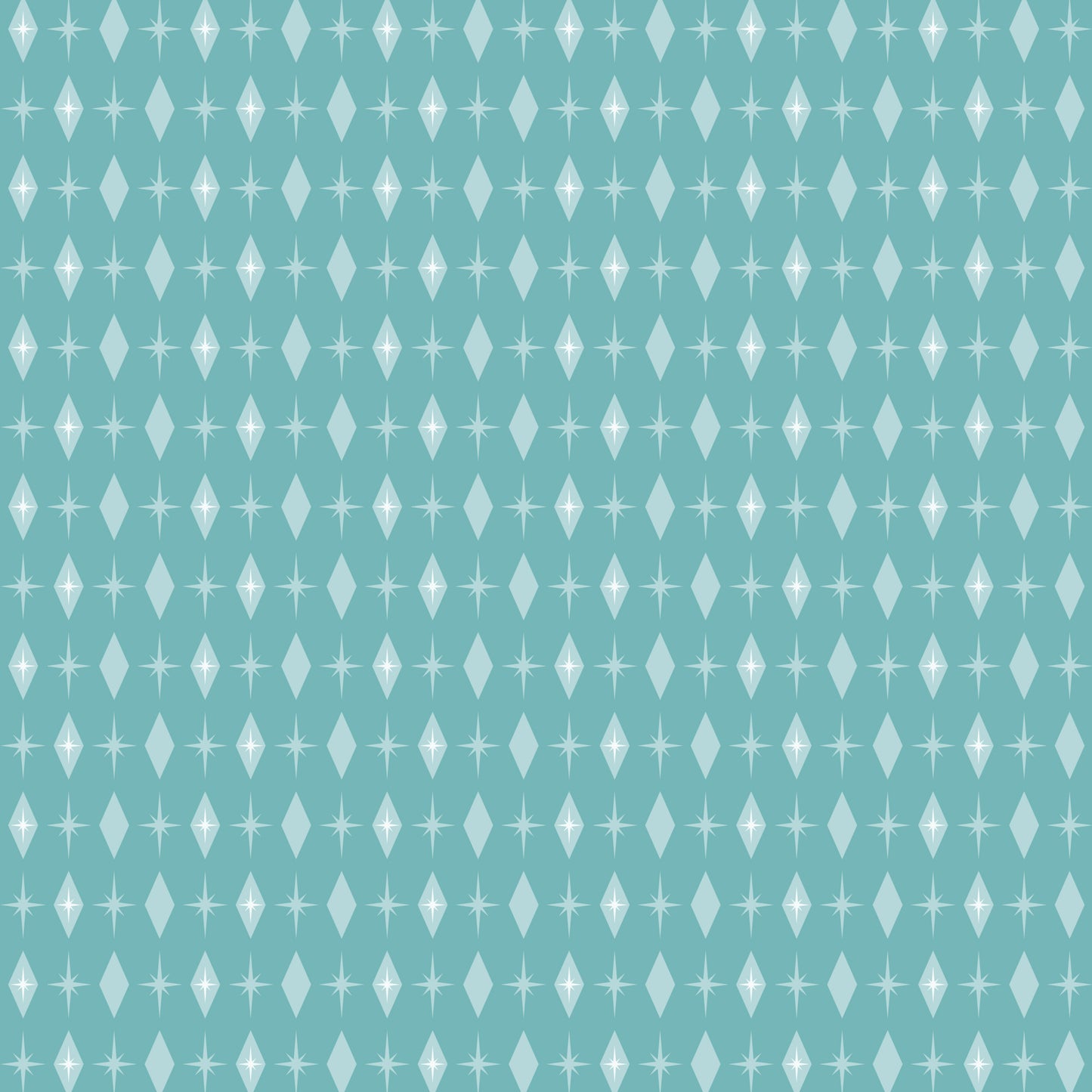 turquoise, mint green, white, atomic starburst, mid-century modern, geometric pattern, diamond shapes, star motifs, retro design, vintage style, quilting cotton, fabric panel, repeating pattern, modernist aesthetic, 1950s inspired, atomic age, minimalist design, craft fabric, sewing material