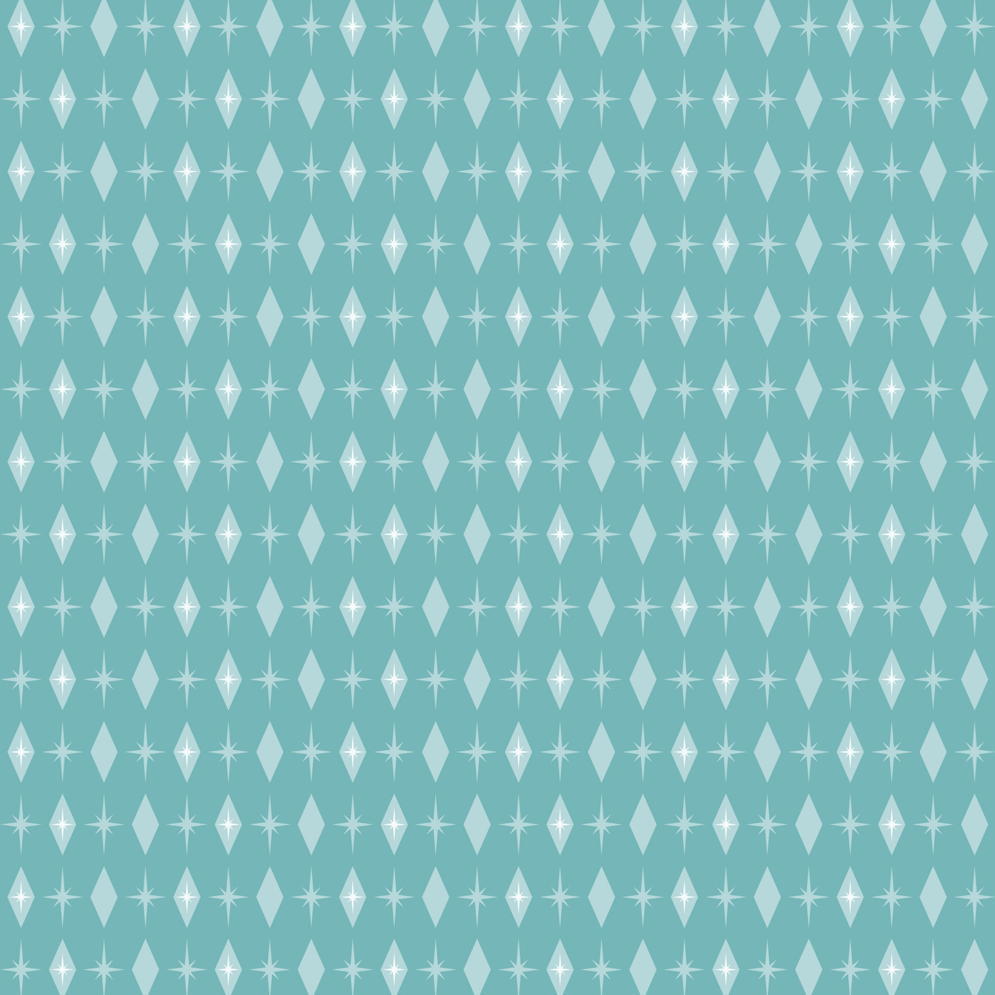 turquoise, mint green, white, atomic starburst, mid-century modern, geometric pattern, diamond shapes, star motifs, retro design, vintage style, quilting cotton, fabric panel, repeating pattern, modernist aesthetic, 1950s inspired, atomic age, minimalist design, craft fabric, sewing material