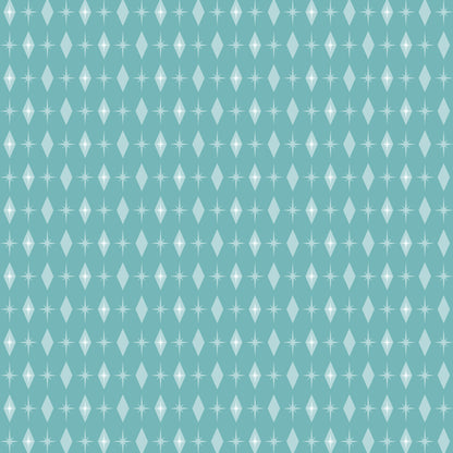 turquoise, mint green, white, atomic starburst, mid-century modern, geometric pattern, diamond shapes, star motifs, retro design, vintage style, quilting cotton, fabric panel, repeating pattern, modernist aesthetic, 1950s inspired, atomic age, minimalist design, craft fabric, sewing material