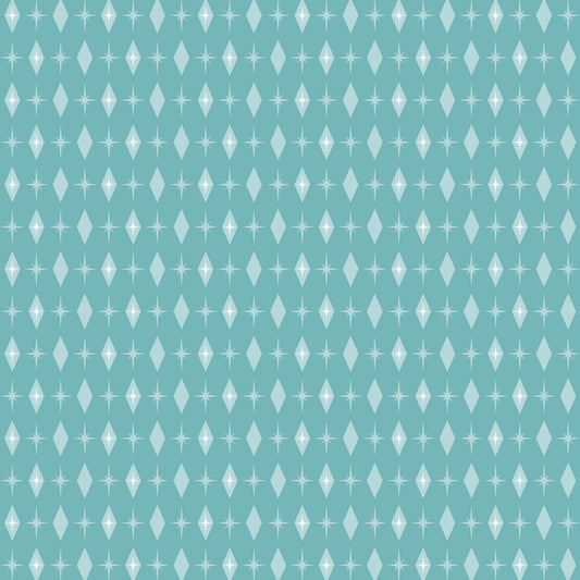 turquoise, mint green, white, atomic starburst, mid-century modern, geometric pattern, diamond shapes, star motifs, retro design, vintage style, quilting cotton, fabric panel, repeating pattern, modernist aesthetic, 1950s inspired, atomic age, minimalist design, craft fabric, sewing material