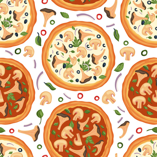 pizza pattern, mushrooms, basil leaves, orange crust, red tomato sauce, cream cheese, green herbs, food illustration, seamless repeat, quilting cotton, fabric panel, italian cuisine, cooking theme, kitchen motif, cartoon style, colorful design, purple onions, scattered ingredients, playful pattern, culinary art