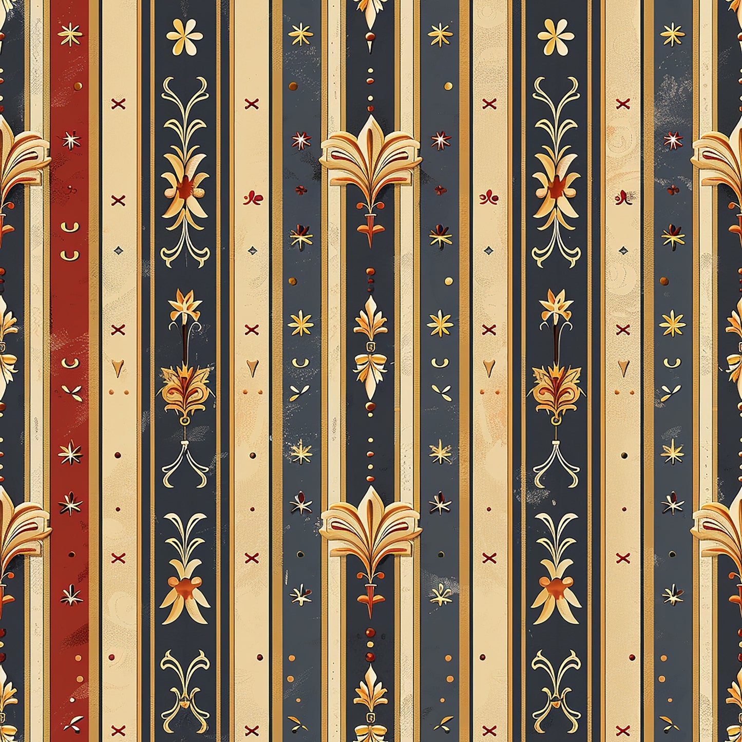 medieval, french pattern, burgundy red, navy blue, cream beige, gold accents, vertical stripes, floral motifs, ornate designs, decorative elements, quilting cotton, fabric panel, renaissance style, heraldic patterns, vintage inspired, royal colors, elegant stripes, botanical designs, damask style, antique finish