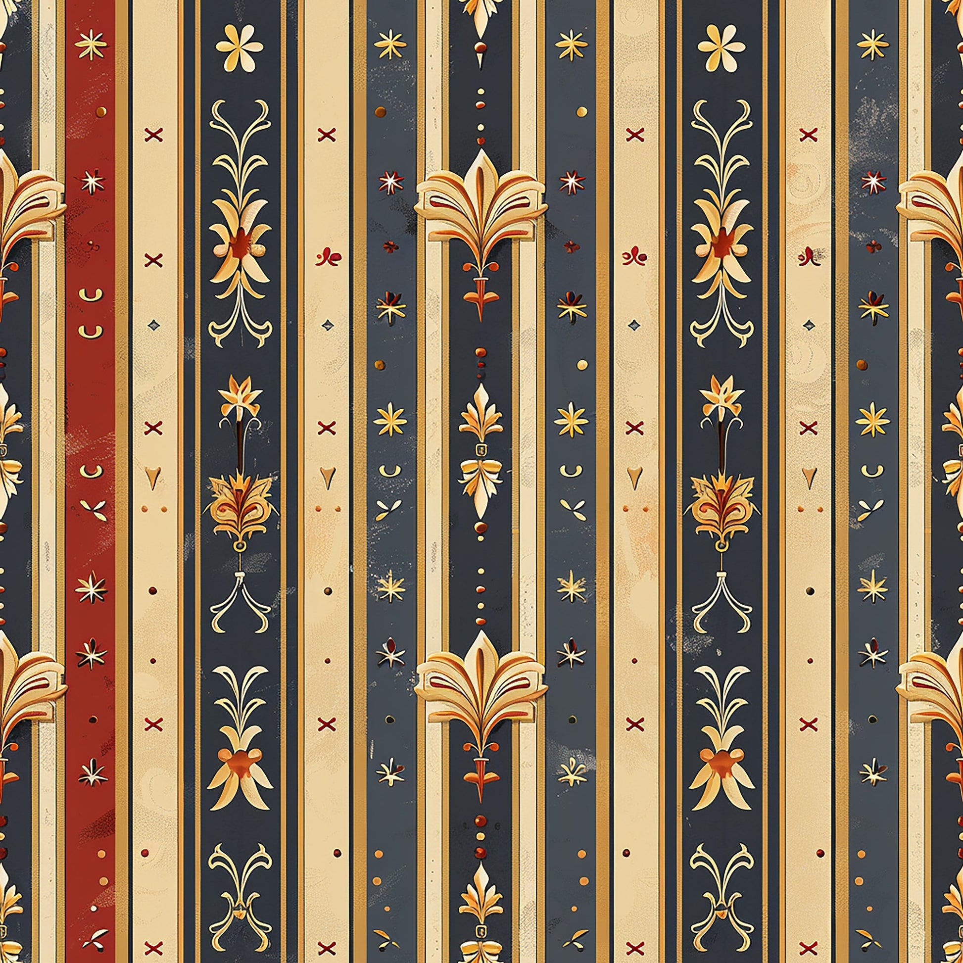 medieval, french pattern, burgundy red, navy blue, cream beige, gold accents, vertical stripes, floral motifs, ornate designs, decorative elements, quilting cotton, fabric panel, renaissance style, heraldic patterns, vintage inspired, royal colors, elegant stripes, botanical designs, damask style, antique finish
