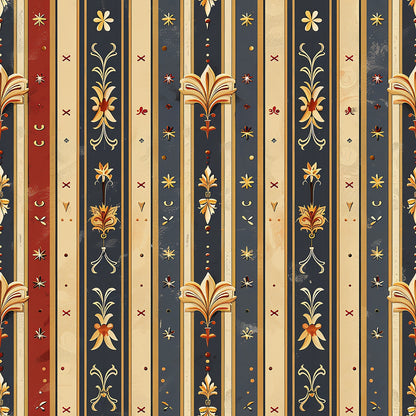 medieval, french pattern, burgundy red, navy blue, cream beige, gold accents, vertical stripes, floral motifs, ornate designs, decorative elements, quilting cotton, fabric panel, renaissance style, heraldic patterns, vintage inspired, royal colors, elegant stripes, botanical designs, damask style, antique finish