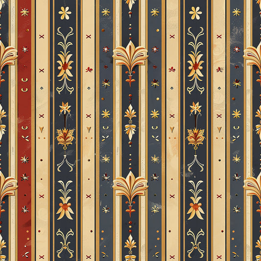 medieval, french pattern, burgundy red, navy blue, cream beige, gold accents, vertical stripes, floral motifs, ornate designs, decorative elements, quilting cotton, fabric panel, renaissance style, heraldic patterns, vintage inspired, royal colors, elegant stripes, botanical designs, damask style, antique finish