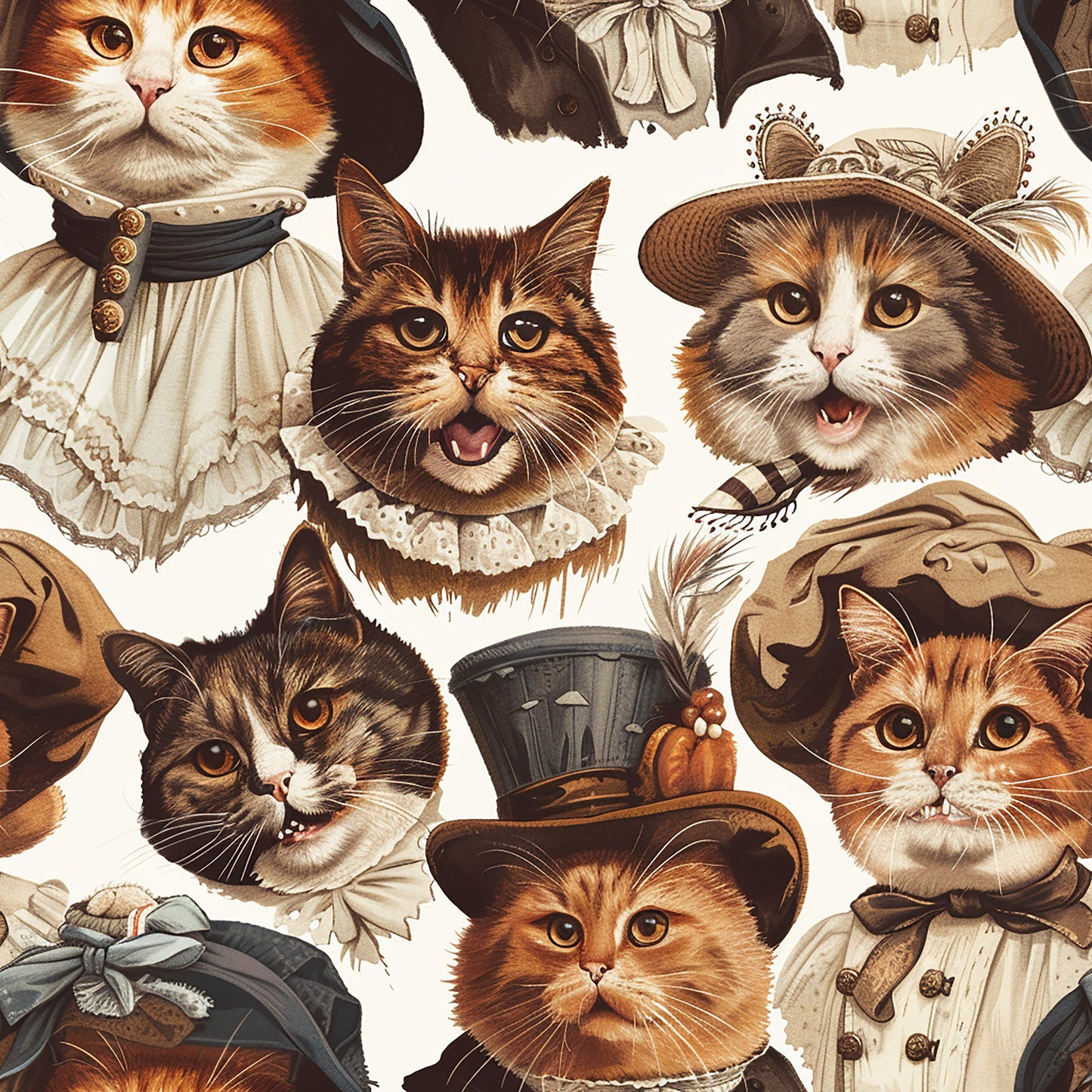 victorian cats, orange tabby, brown tabby, period costumes, top hats, ruffled collars, vintage clothing, ornate hats, feline portraits, sepia tones, cream background, tan colors, amber eyes, whiskers, victorian era, quilting cotton, fabric panel, detailed illustration, realistic cats, period fashion