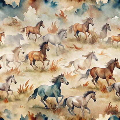 wild horses, watercolor style, brown horses, white horses, gray horses, blue-gray horses, galloping horses, running horses, prairie grass, autumn colors, beige background, cream tones, rustic landscape, western theme, equestrian motif, quilting cotton, fabric panel, flowing manes, horse herd, earthy palette