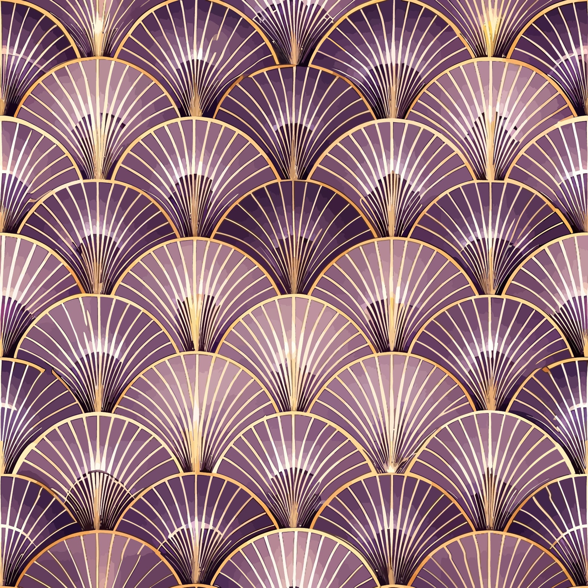 purple, gold, lavender, plum, fan pattern, art deco, geometric design, scallop motif, repeating pattern, radiating lines, vintage style, elegant, luxurious, quilting cotton, fabric panel, shell design, peacock feather motif, gradient shading, sophisticated, ornamental