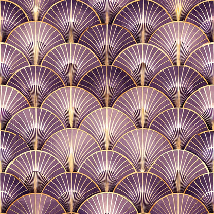 purple, gold, lavender, plum, fan pattern, art deco, geometric design, scallop motif, repeating pattern, radiating lines, vintage style, elegant, luxurious, quilting cotton, fabric panel, shell design, peacock feather motif, gradient shading, sophisticated, ornamental