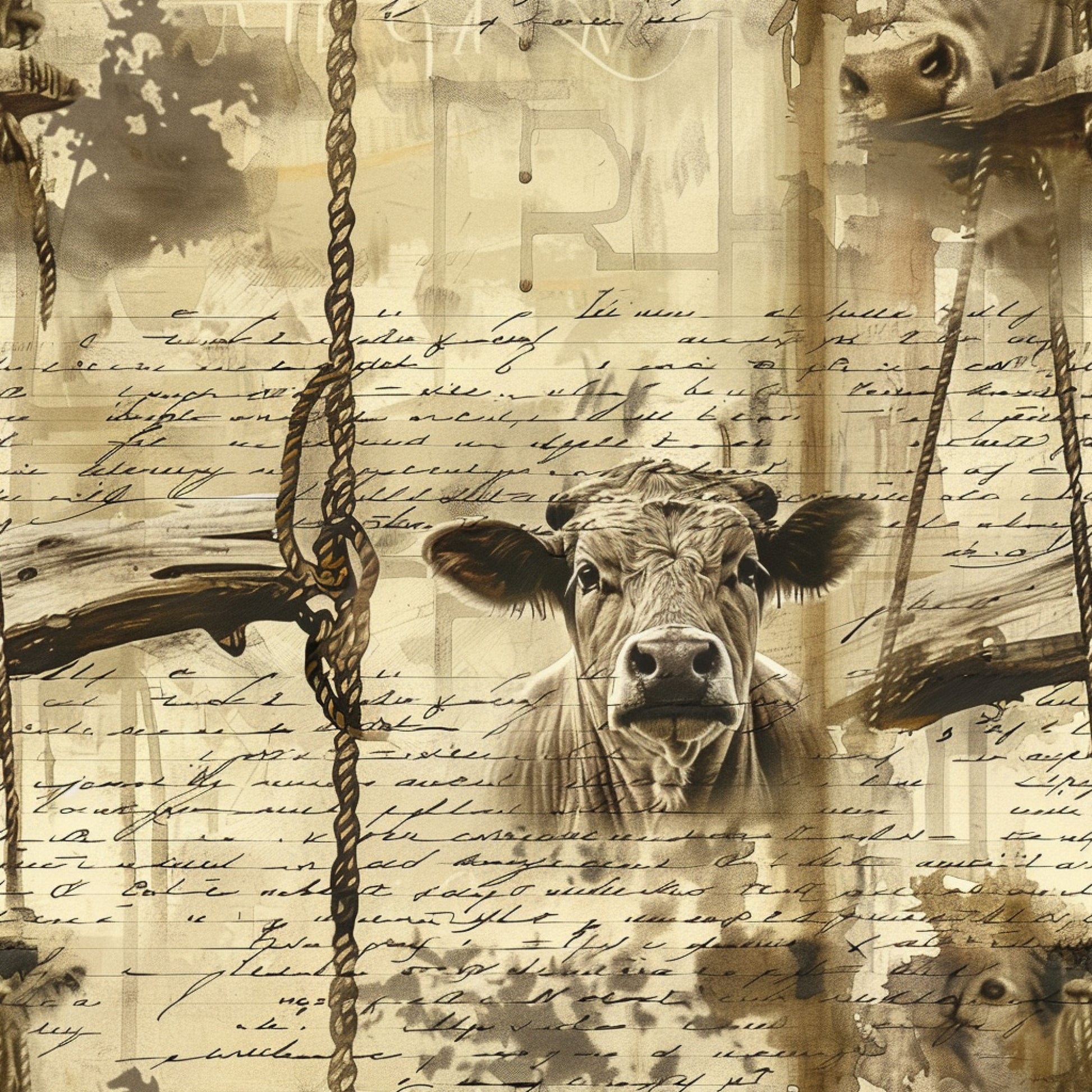 sepia tones, beige, cream, brown, vintage aesthetic, farm animals, cow portrait, rope details, cursive script, aged paper texture, rustic charm, country living, barnyard scene, quilting cotton, fabric panel, distressed finish, pastoral theme, livestock imagery, antique style, weathered appearance