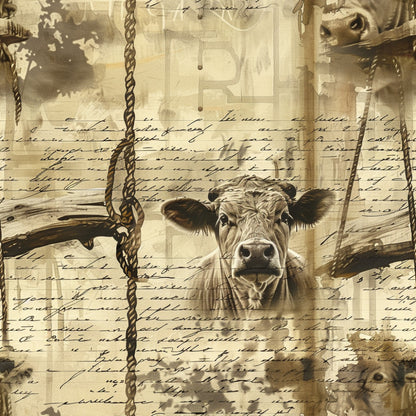 sepia tones, beige, cream, brown, vintage aesthetic, farm animals, cow portrait, rope details, cursive script, aged paper texture, rustic charm, country living, barnyard scene, quilting cotton, fabric panel, distressed finish, pastoral theme, livestock imagery, antique style, weathered appearance