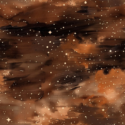 brown, burnt orange, rust, amber, galaxy pattern, celestial design, stars, cosmic clouds, nebula, painted effect, watercolor style, space theme, astronomy, night sky, quilting cotton, fabric panel, swirling clouds, stellar field, warm earth tones, abstract cosmic