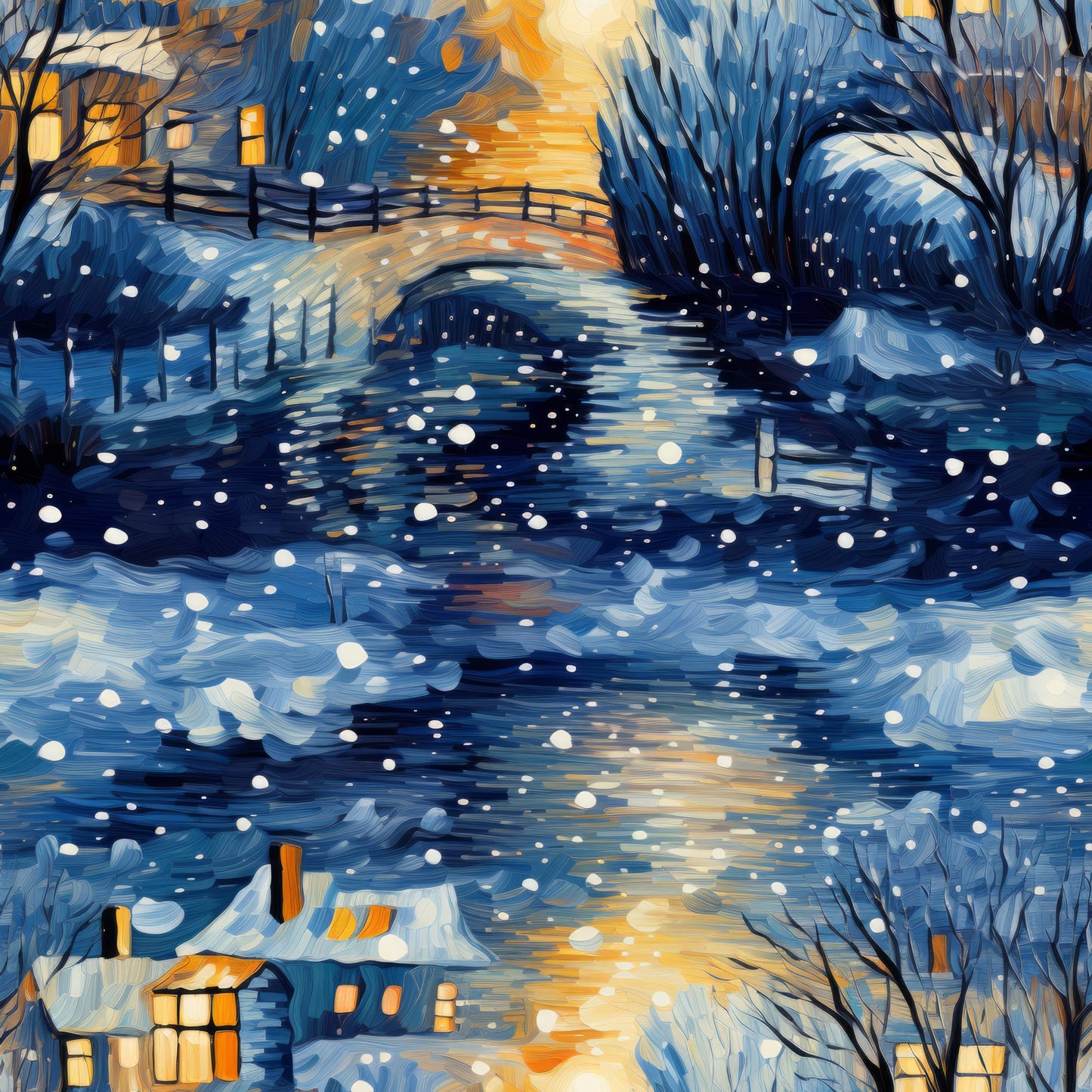 winter scene, snowy landscape, dawn sky, golden orange, deep blue, navy blue, white snowflakes, bare trees, wooden fence, cottage houses, glowing windows, impressionist style, swirling brushstrokes, quilting cotton, fabric panel, serene mood, peaceful village, winter storm, artistic painting, textile art