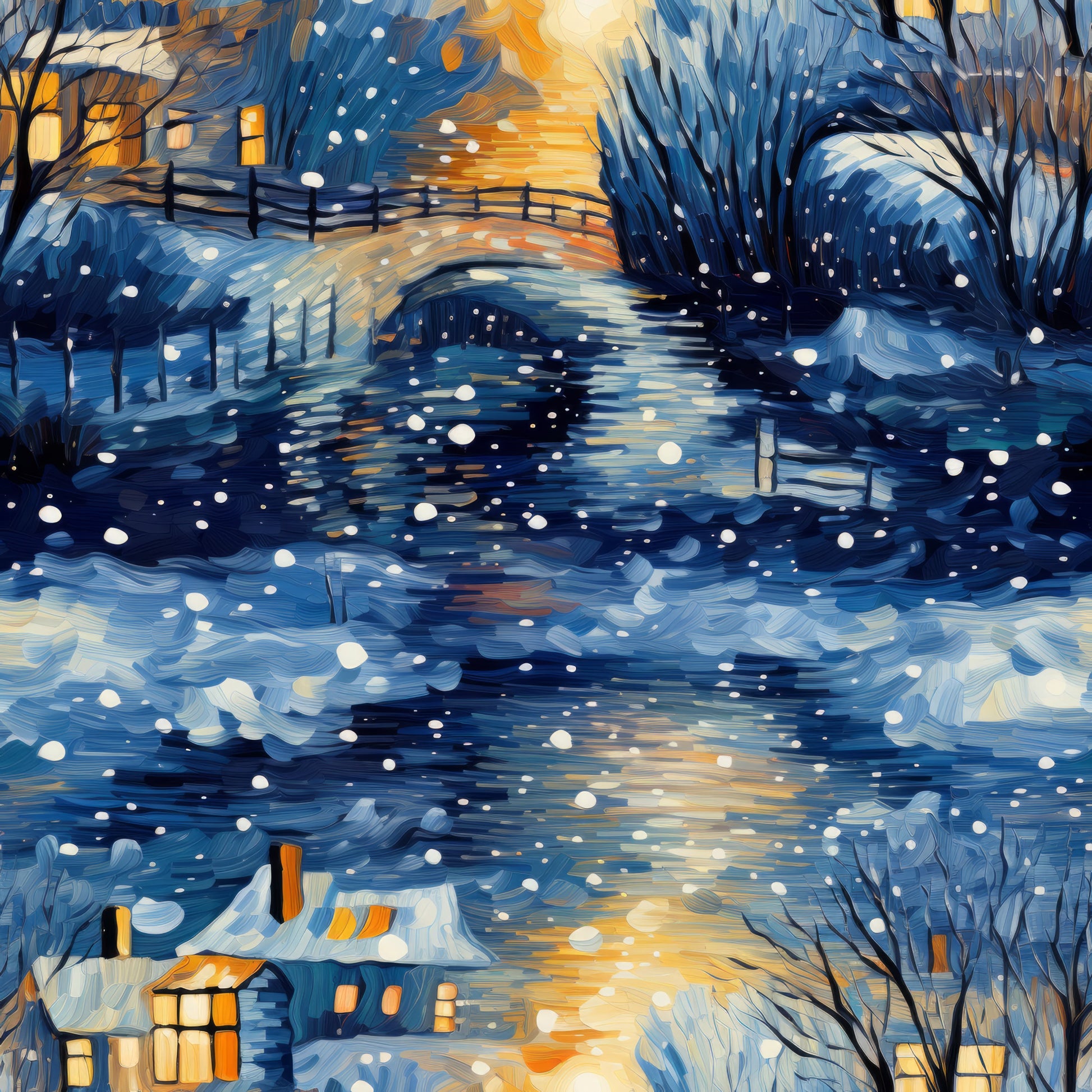 winter scene, snowy landscape, dawn sky, golden orange, deep blue, navy blue, white snowflakes, bare trees, wooden fence, cottage houses, glowing windows, impressionist style, swirling brushstrokes, quilting cotton, fabric panel, serene mood, peaceful village, winter storm, artistic painting, textile art
