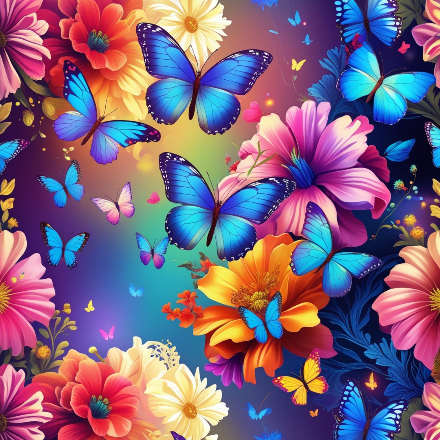 butterflies, floral pattern, blue morpho, vibrant colors, purple gradient, pink flowers, orange blooms, yellow daisies, fantasy art, tropical butterflies, quilting cotton, fabric panel, nature motif, colorful wings, garden scene, bright hues, whimsical design, spring theme, botanical print, cotton fabric