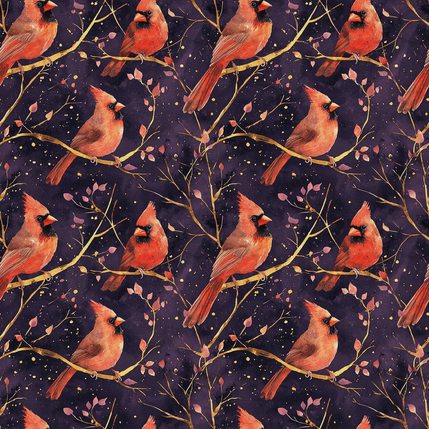 red cardinals, coral pink, purple background, golden branches, birds perched, nature pattern, quilting cotton, fabric panel, botanical elements, leaves motif, seamless repeat, wildlife design, autumn colors, warm tones, peaceful mood, artistic illustration, branch silhouettes, scattered dots, natural theme