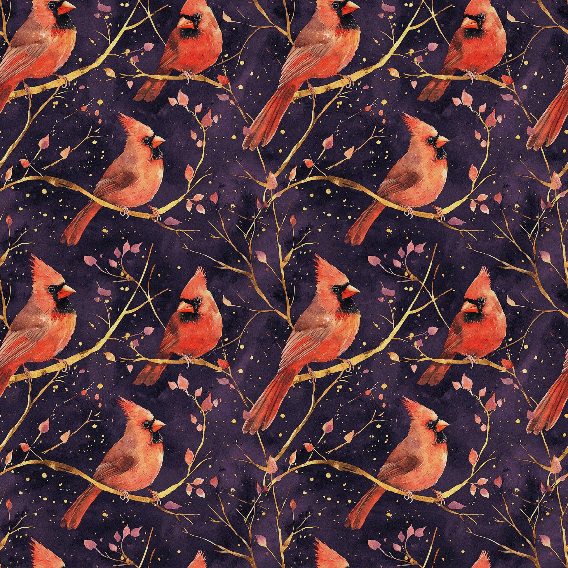 red cardinals, coral pink, purple background, golden branches, birds perched, nature pattern, quilting cotton, fabric panel, botanical elements, leaves motif, seamless repeat, wildlife design, autumn colors, warm tones, peaceful mood, artistic illustration, branch silhouettes, scattered dots, natural theme