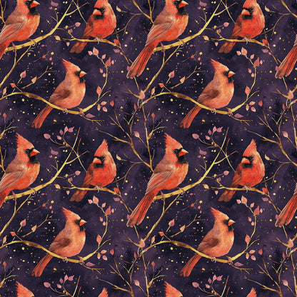 red cardinals, coral pink, purple background, golden branches, birds perched, nature pattern, quilting cotton, fabric panel, botanical elements, leaves motif, seamless repeat, wildlife design, autumn colors, warm tones, peaceful mood, artistic illustration, branch silhouettes, scattered dots, natural theme