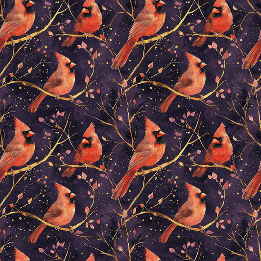 red cardinals, coral pink, purple background, golden branches, birds perched, nature pattern, quilting cotton, fabric panel, botanical elements, leaves motif, seamless repeat, wildlife design, autumn colors, warm tones, peaceful mood, artistic illustration, branch silhouettes, scattered dots, natural theme
